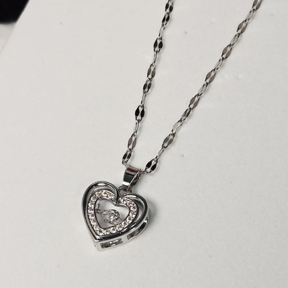 Silver Double Heart CZ Pendant Necklace – Stainless Steel Classy Elegant Minimal